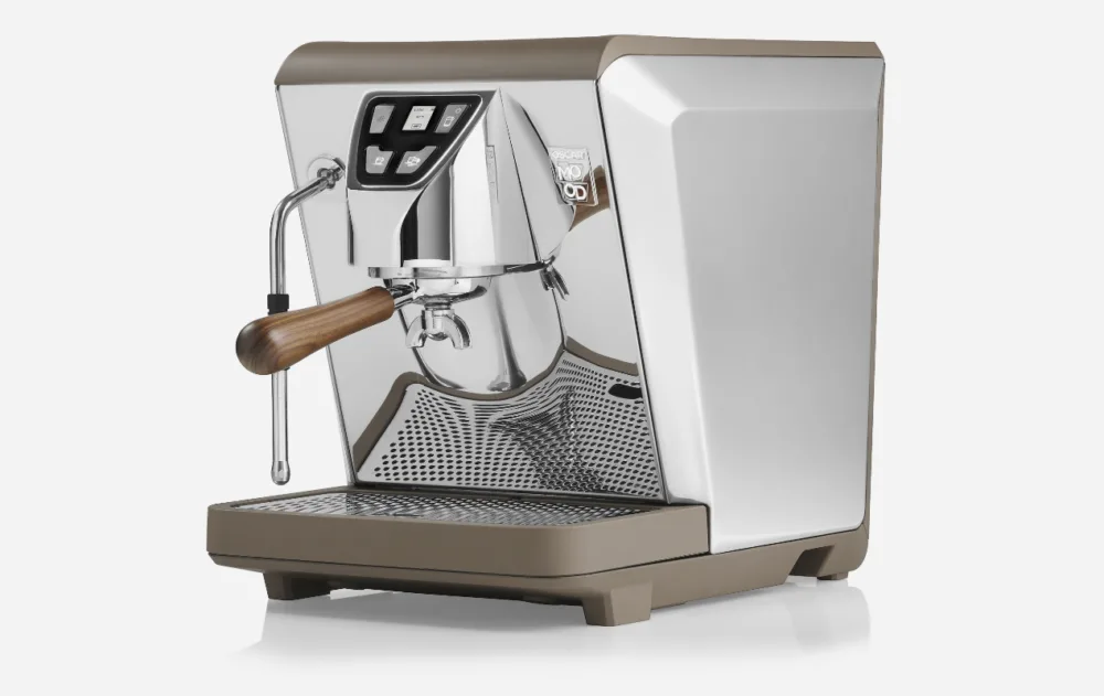 Nuova Simonelli Oscar Mood espresso machine in taupe with wooden handles